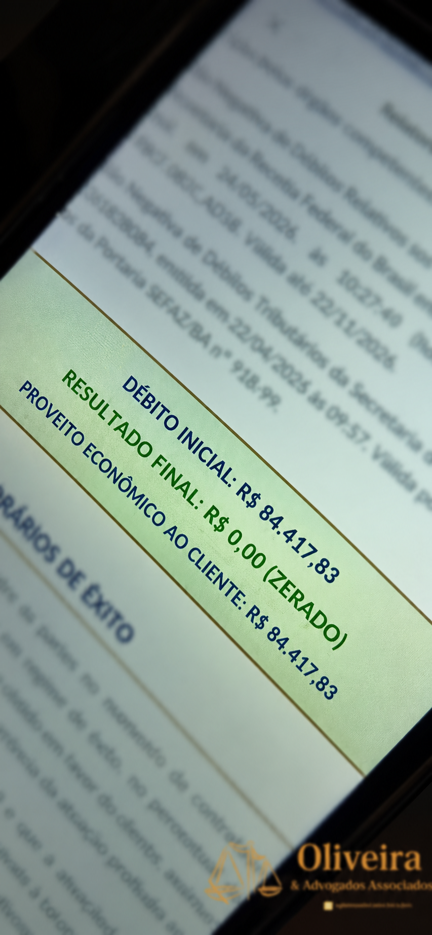 Resultado de processo: débito inicial de R$ 84.417,83 zerado